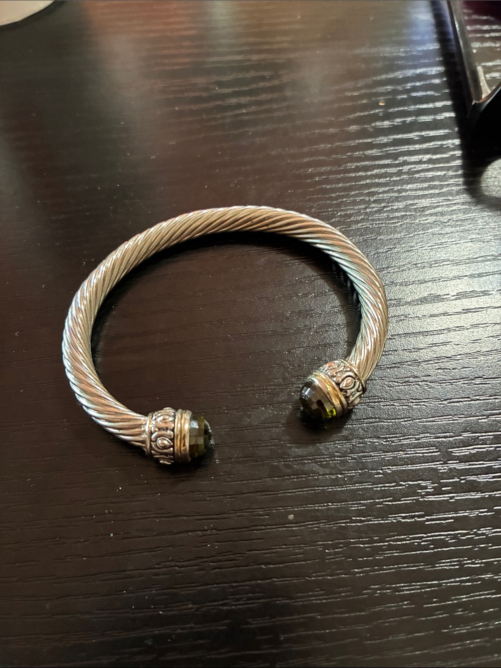 David Yurman Silver and Gold Cable Cuff with Green Gemstone Tips
